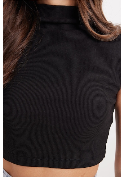Tudors Kadın Slim Fit Dar Kesim Pamuklu Dik Yaka Sıfır Kol Siyah Crop Bluz-50465