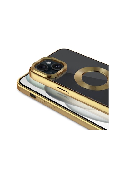 Apple Uyumlu iPhone 15 Kılıf Tek Kamera Çerçeveli Logo Gösteren Zore Omega Kapak Gold