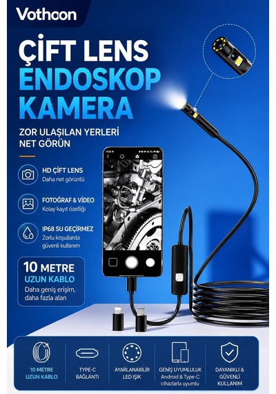 Mep 10 Metre Çift Kameralı İos/android Uyumlu Yılan Endoskop Kamera 8mm 2mp Led Li Sert Kablo Najmaddin