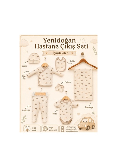 The Two Yenidoğan Erkek Bebek Arabalı Bej 7 Li Hastane Çıkış Seti 0-3 Ay %100 Pamuk