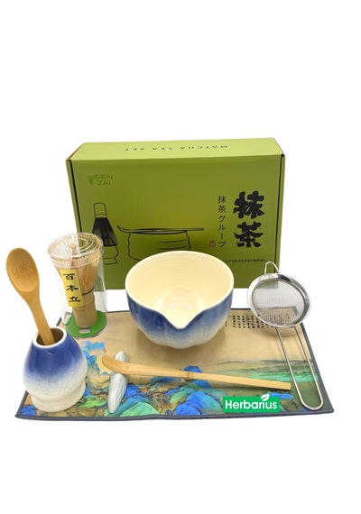 6 Parça Mavi Beyaz Renk Matcha Çayı Hazırlama Seti - Geleneksel Japon Matcha Seti Mavi - Beyaz