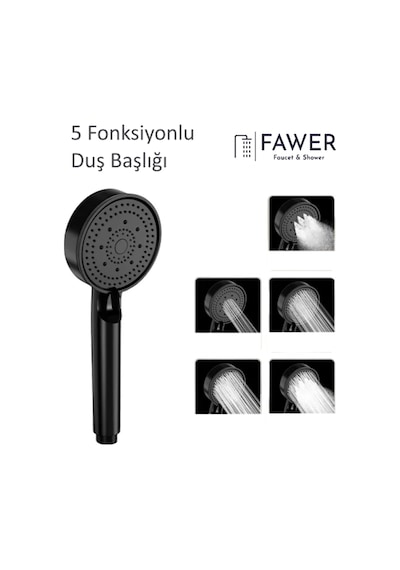 Fawer 5 Fonksiyonlu Siyah Yüksek Basınçlı Ayarlanabilir Duş Başlığı El Duşu