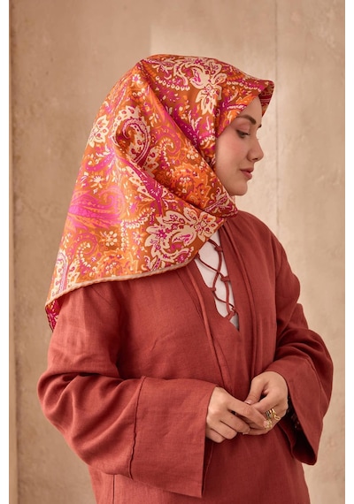 Twill İpek Eşarp 11473-23 Tarçın, Magenta, Bej, Parlak Turuncu