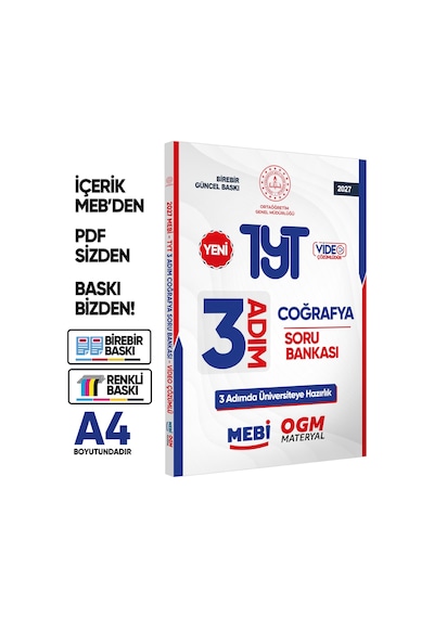 2027 TYT Mebi-ogm 3 Adım Coğrafya Soru Bankası Renkli A4 Boyut Video Çözümlü Baskı Ücreti