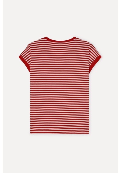 Mudo Kadın Kadın Kırmızı Çizgili Loose Fit V Yaka T-shirt 1268724 Kirmizi