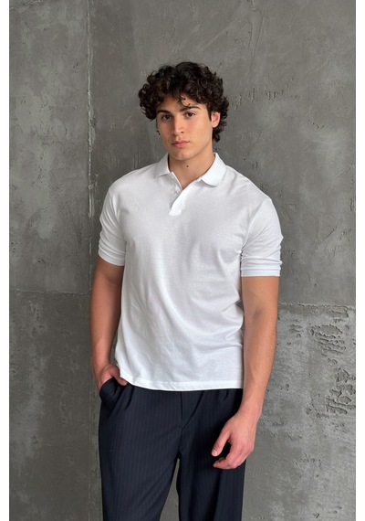 Erkek %100 Pamuk Düğmeli Polo Yaka T-shirt Beyaz