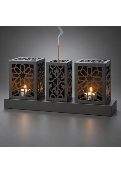 Lazer Kesim Metal Tealight Mumluk Ve Tütsülük Seti Geometrik Selçuklu Yıldızı Motifli Modern Ev Dekoru Benzersiz Masa Süsü Ve Hediye Siyah