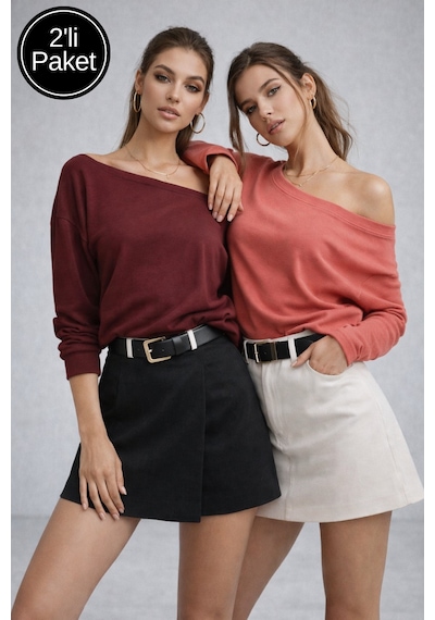 Rich Kadın 2'li Paket Pembe - Bordo Düşük Omuz Modal Bluz Pembe-bordo