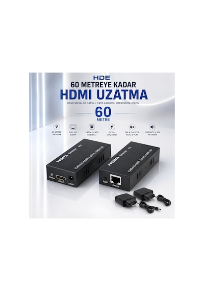 Hde Hdmı Extender 60 Metre Cat5/cat6 Full Hd 1080p Hdmı Uzatıcı 5v 2a Adaptörlü Siyah