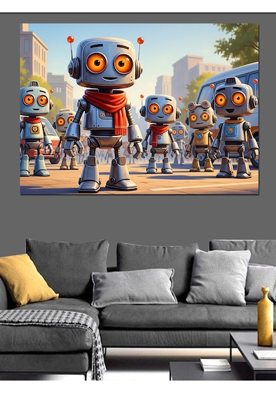 Modern Robot Çocuklar Ve Şehir Dekoratif Kanvas - Mdf Ahşap Tablo
