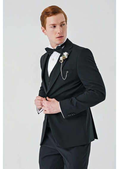 İmza Siyah Çıkarılabilir Mono Yaka Yelekli Likralı 6 Drop Slim Fit Smokin Damatlık 1001240201-Siyah İmza Siyah Çıkarılabilir Mono Yaka Yelekli Likralı 6 Drop Slim Fit Smokin Damatlık 1001240201-Siyah