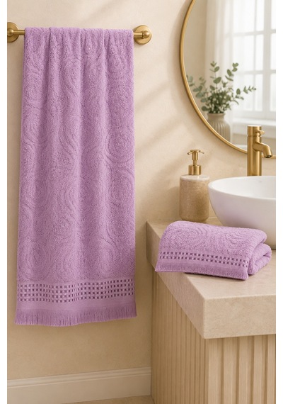 Paisley Desenli Saçaklı 2 Li Baş Ve Banyo Havlusu Seti 50x90 + 90x150 Cm - Lila