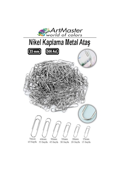 Metal Ataç 33mm 500 Lü 1 Paket Nikel Kaplama 20 Sayfa Kapasiteli Metal Ataş Ofis Okul Büro Dayanıklı Paslanmaz