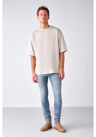 Grimelange Joel  Erkek %100 Organik Pamuklu Kalın Kumaşlı Özel Dokulu Etiket Detaylı Oversize Taş Rengi T-shirt