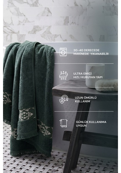 Hereke Heritage Serisi 3 Lü Havlu Seti Krem Bordürlü Yeşil, %100 Ege Pamuğu, Jakarlı Dokuma, 3 Parça Havlu Seti