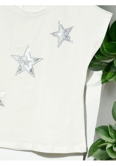 Escabel Kız Çocuk Pamuklu Yıldız Taşlı Kısa Kol T-shirt-15715 Ekru