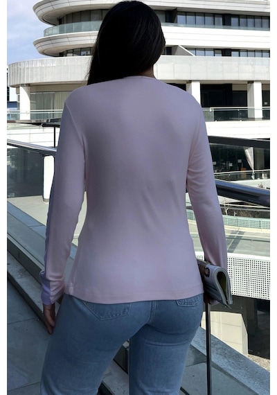 WeShaya Kadın Pembe Yuvarlak Yaka, Uzun Kol, Şerit Detaylı, Yırtmaçlı Rahat Bluz Pembe