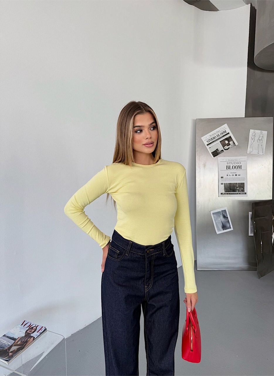 Bisiklet Yaka Basic Uzun Kollu Slim Fit Kadın Body SARI