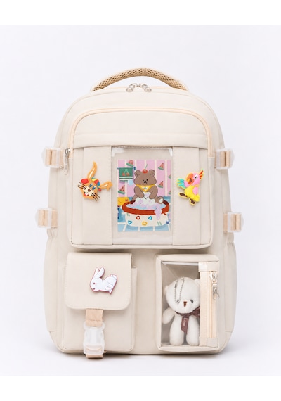 Quovo Kawaii Bag Club Kore Tarzı Full Aksesuarlı Ortopedik Günlük Yeni Okul Sırt Çantası Krem