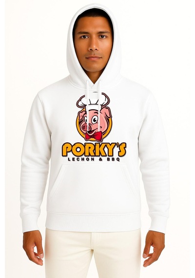 Bahriyeli Collection Kapüşonlu Porky's Lechon Barbecue Domuz Göğüs Tasarımlı Unisex Sweatshirt Beyaz