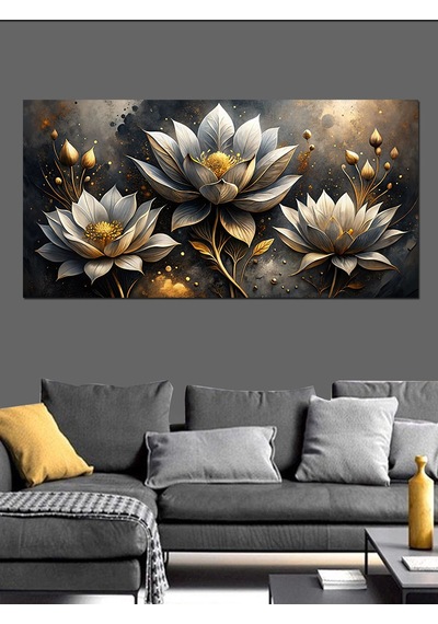 Kanvas Tablo Altın Beyaz Lotus Çiçekleri