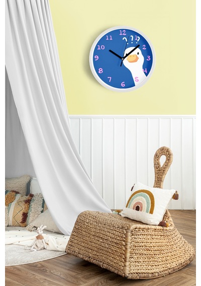 Sevimli Kaz / Ördek Modern Duvar Saati - Çocuk Odası Duvar Saati - 42cm - Önü Camlı Beyaz Kasa Beyaz