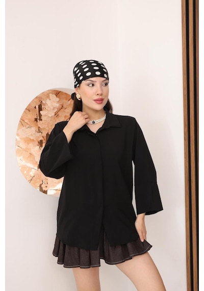 Kadın Slim Fit Dar Kesim Vücuda Oturan Uzun Kollu Siyah Gömlek