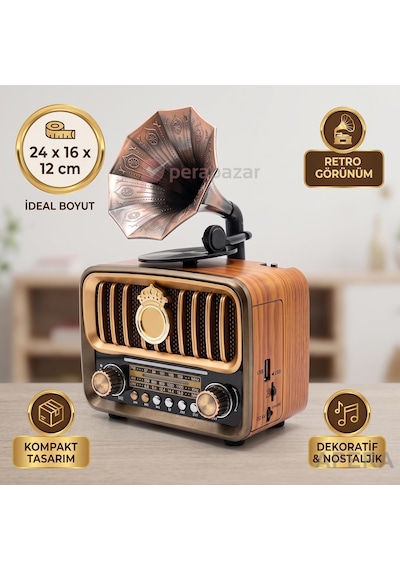 Nns Ns-7252bt Nostaljik Gramofon Radyo Bluetooth Hoparlör Şarj Edilebilir 1200mah Taşınabilir Müzik Çalar Gold