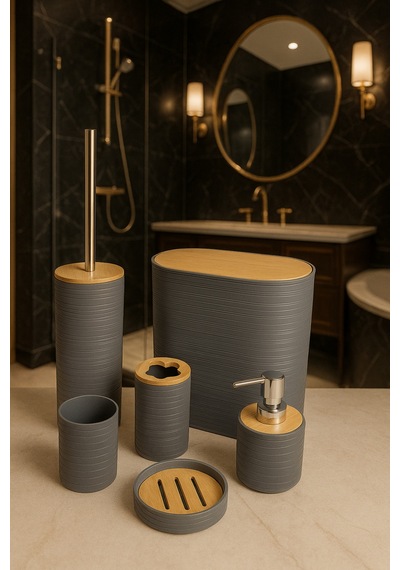 Makri Home 6'lı Banyo Seti, Bambu Kapaklı, Gri, Oval, 8 Litre Gri