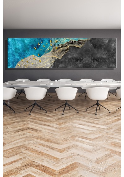 Panoramik Yatay Kanvas Tablo Tekli Ev Kafe Ofis Soyut Altın Kuş Detaylı Mavi Siyah Tonlar 2363