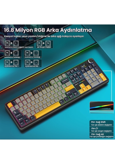 Aula F108 Pro Ekranlı Mekanik Klavye Reaper Switch Rgb Hot Swap 8000mah Makrolu Oyuncu Klavyesi Siyah