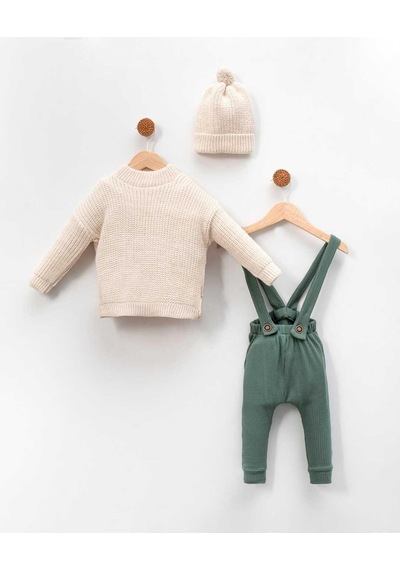 Bebicix Triko Kazak Oversize Esnek Salopet Bereli Unisex Bebek Takım Yesil