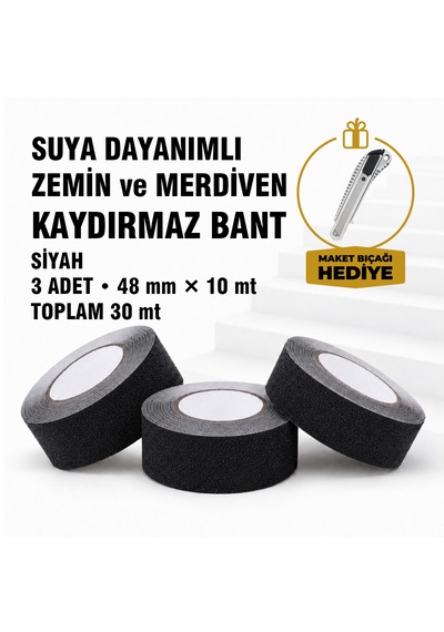 Suya Dayanımlı Siyah Kaydırmaz Bant 48 Mm X 10 Mt 3 Lü Set Maket Bıçağı Hediyeli