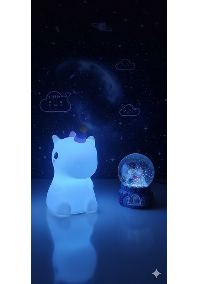 2 Li Sevgiliye Romantik Hediye Seti Unicorn Çok Renkli Led Gece Lambası Ve 9 Cm Mor Kar Küresi Seti Set