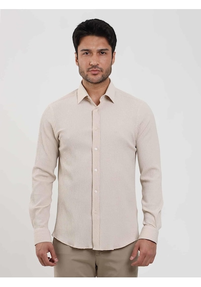 Dufy Bej Erkek Slim Fit Gofre Desenli Brent Yaka Uzun Kol Gömlek - 104810-bej Bej
