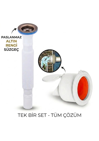 Antik Körüklü Lavabo Gider Si Fonu Üstü Paslanmaz Altı Plastik + Çekvalfli Conta Kötü Koku Böcek Kirli Su Önleyici Lavabo Gider Aparatı