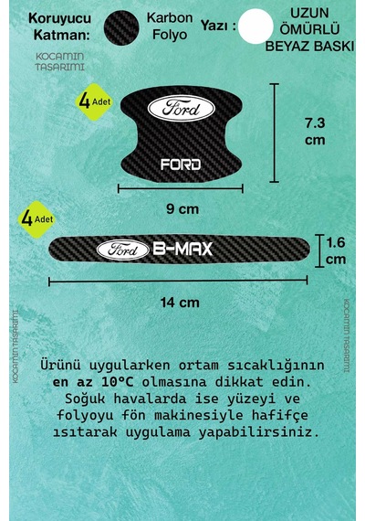 Premium Ford B-max Karbon Desenli Kapı Kolu Koruyucu Seti Çizilmelere Karşı Dayanıklı 8 Parça