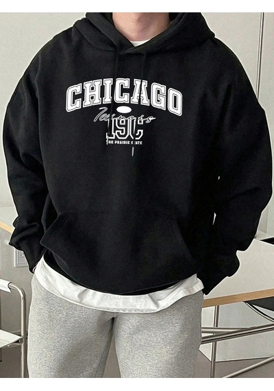 Startmore Tarzsokak Chicago Letter Yaratıcılık Baskılı Tişörtü Erkek Trendy Gevşek Spor Giyim Sıcak Temel Kapüşon Siyah
