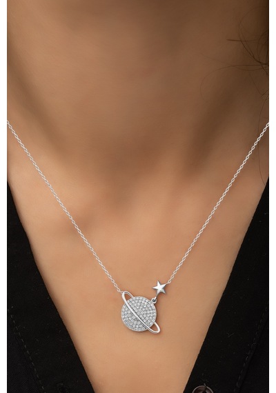 Papatya Silver Nano Zirkon Taşlı Gezegen Kolye Rodyum Kaplama 925 Ayar Gümüş Kadın Kolye - UVPS100215