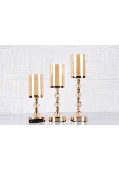 Kristal Taşlı Ayaklı Gold Şamdan 3'lü Set