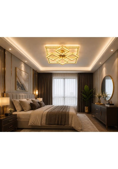 Kare 4+4'lü Ledli Gold Avize Altın - Gold