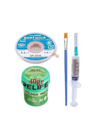 Relıfe Rl-402/ Krem Lehim Paste 183 C 40g Flux Lehim Toplama Ve Cp 2515 Lehim Emme Teli Elektronikçi Yardımcı Seti02