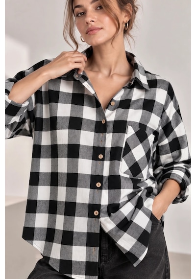 Bb Butik Basic Kadın Ekose Gömlek Oversize Oduncu Gömlek Uzun Kollu Cepli Günlük Tr0935 siyah