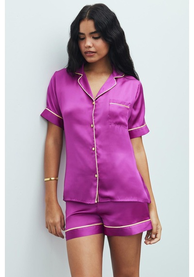 Amoureux Fuşya Kısa Saten Pijama Takımı