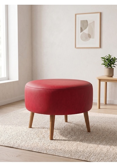 Modern Kırmızı Deri Puf Yuvarlak Oturma Pufu Ahşap Ceviz Ayaklı Demonte 60x46 Cm