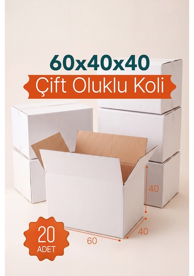 20 Adet 60x40x40 Cm Bc Dalga Çift Oluklu Beyaz Taşınma Kolisi Büyük Boy Dayanıklı Koli
