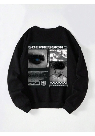 Depression Baskılı Oversize Sweatshirt Siyah
