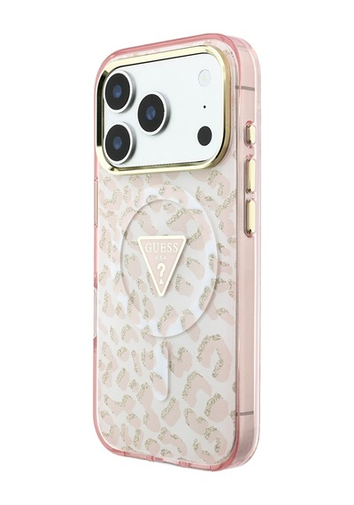 Apple iPhone Uyumlu 18 Pro Max Kılıf Guess Lisanslı M-safeli Üçgen Logolu Simli Leopar Desenli Kapak Pembe