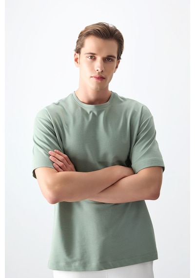 Air Jones Tommy Life Açık Yeşil Pamuklu Kalın Yumuşak Dokulu Oversize Fit Basic Erkek T-shirt - 88377 CAMEL