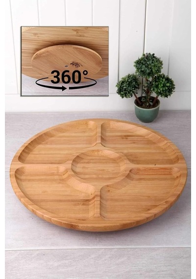 360 Dönebilen Bambu Kahvaltı, 30cm Sunum Ve Çerezlik Tabağı 5 Bölmeli, Dönerli Bambu Sunum Tabağı Çok Renkli